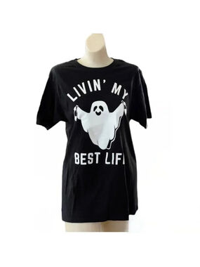 Fifth Sun, Ghost Graphic LIVIN' MY BEST LIFE Black Short Sleeve T-Shirt Size S/M